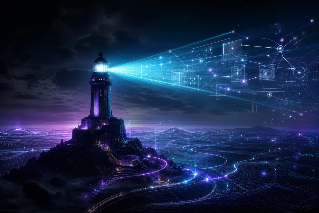 Futuristic lighthouse guiding product systems across a glowing digital ocean