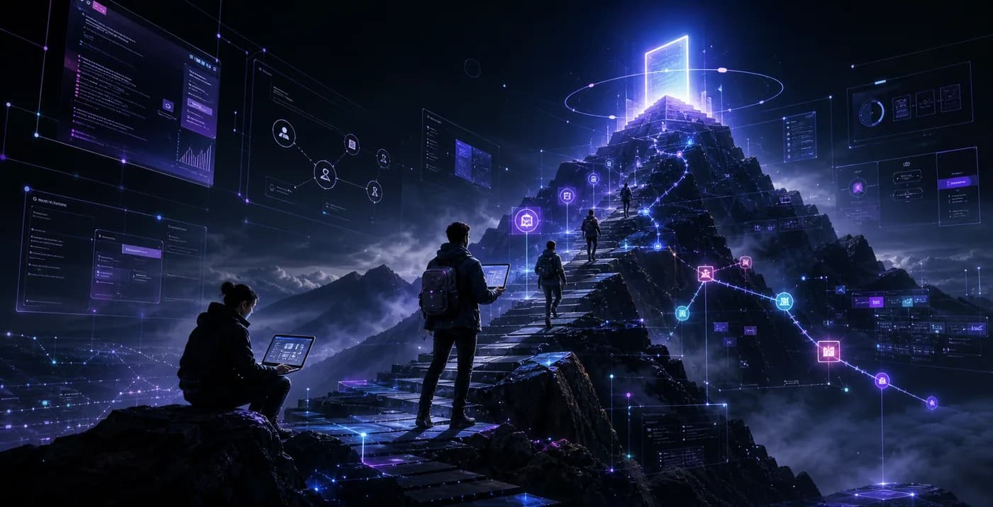 Cinematic startup journey with builders climbing toward a glowing digital product summit