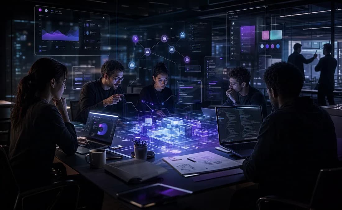 Premium collaborative product studio with builders, floating dashboards and digital architecture