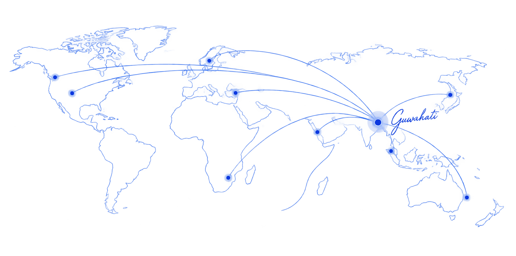 A world map with connecting lines from Guwahati